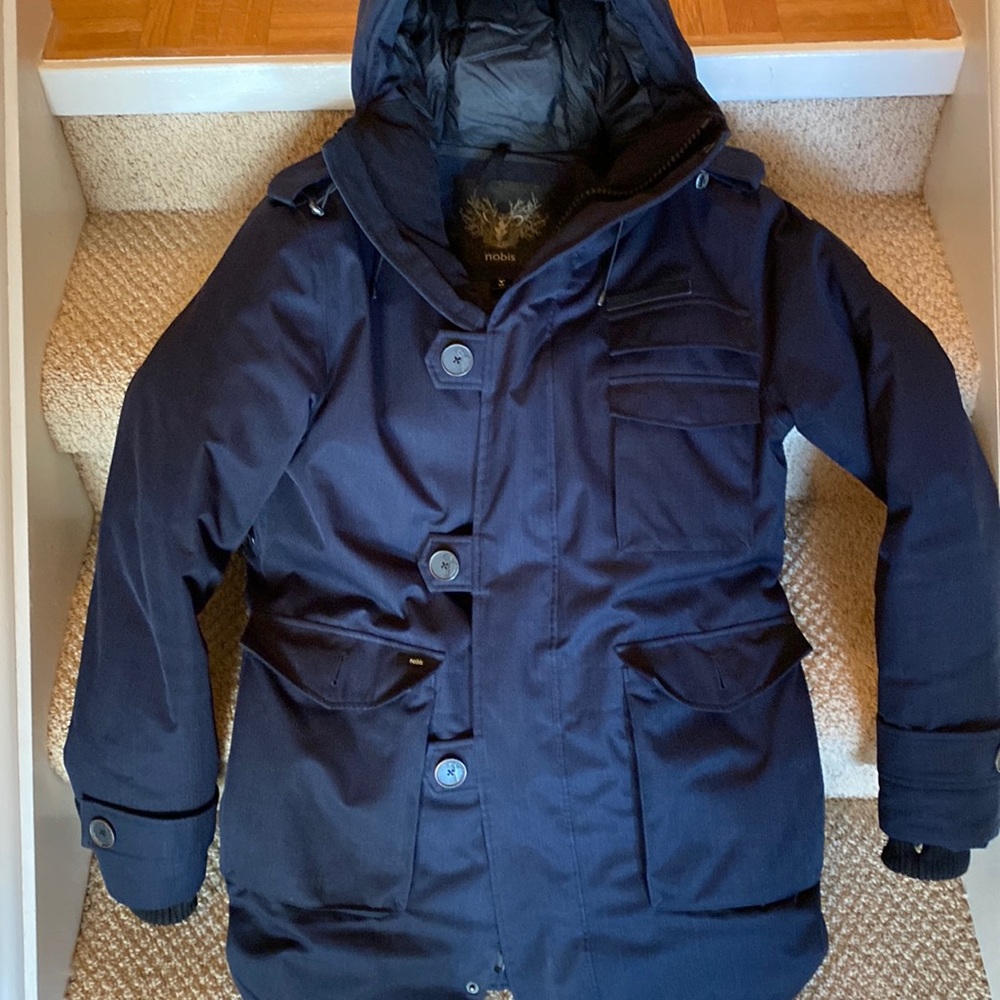 S navy blue Winter parka Jacket, fits like a M.  Better then goose/knuckle parka